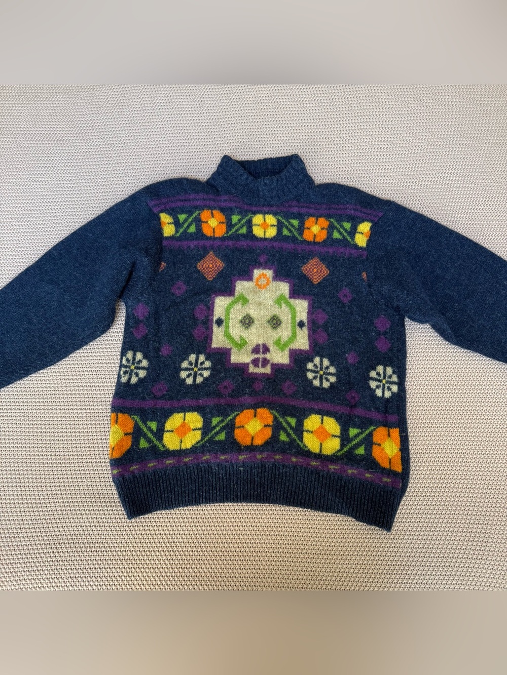 United Colors Of Benetton Navy 100% Wool Sweater with Multicolor Floral Motif